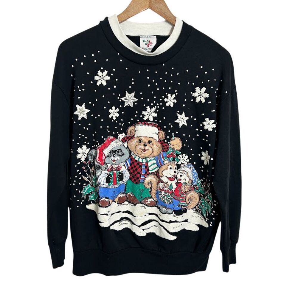 Vtg Nutcracker Ugly Christmas Sweater Sweatshirt Puff Paint M Snowflakes Bear